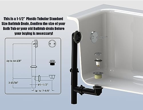 Artiwell 1-1/2" Black Tubular Bath Drain Kit with Tip-Toe Bath Drain Stopper, Touch-Toe Tub Drain, Tip Toe Bathtub Drain Waste and Overflow with Plug and Bathtub Overflow Drain Cover, Chrome Plated