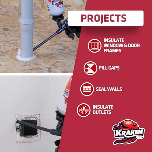 Kraken Bond Window & Door Expanding Foam Sealant - (12x24oz) Professional Gap Filling Gun Use Polyurethane Spray Foam, Low Expansion Waterproof Gap Filler, Gun&Cleaner Included - 12 Pack