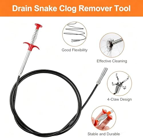 79 Inch Drain Snake Clog Remover Tool, 4-Claw Flexible Grabber for Hair in Toilet, Sink, Shower, Kitchen, Bath Tub & Sewer Drain Unclog (Black)