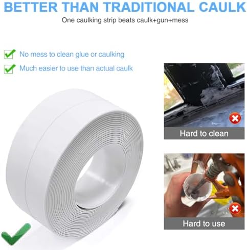 2 Rolls Caulk Tape Self Adhesive, Bathroom Waterproof White Caulking Sealant Strip Peel & Stick Wallpaper Floor Tile Toilet Tub Sink Backsplash Kitchen Wall Decor, Easier to Use Than Silicone Caulk
