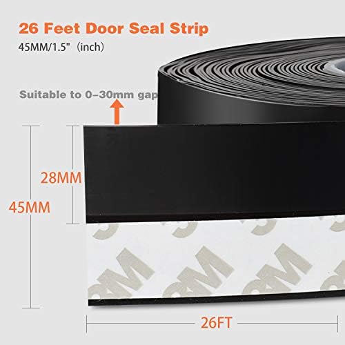 26 Feet Silicone Seal Strip,Door Weather Stripping Door Seal Strip Window Seal Silicone Sealing Tape for Door Draft Stopper Adhesive Tape (Black, 45mm)