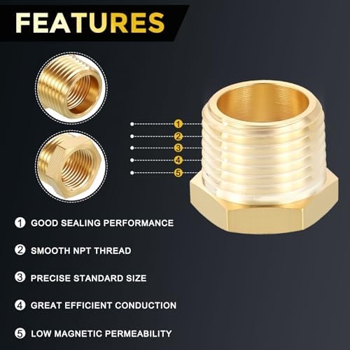 METALLIXITY 12PCS 1/2" MNPT x 1/4" FNPT Thread Brass Hex Bushing Extension | Brass Pipe Fittings, Tube Adapters Convert for Water Line, Tub Spout/Shower Head