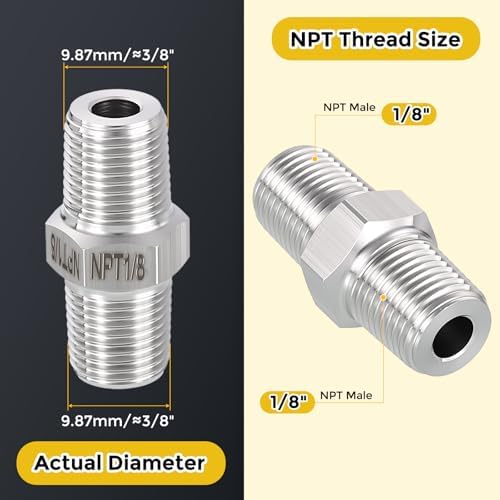 METALLIXITY 5PCS 1/8" MNPT x 1/8" MNPT Thread SUS304 Hex Nipple Adapter | Male Straight Extension Adapters, 304 Stainless Steel Pipe Fittings for Water Line, Tub Spout/Shower Head