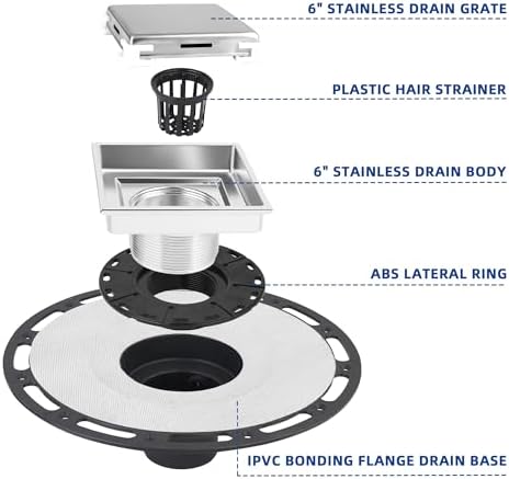 4-Inch Square Shower Drain Kit, Tile Insert Grate & Bonding Flange