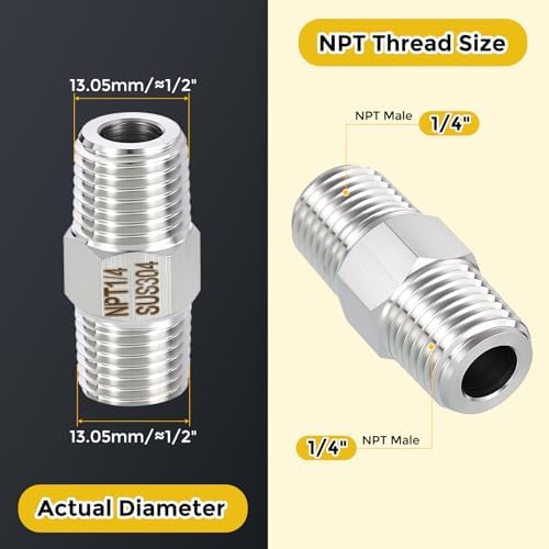 METALLIXITY 1PCS 1/4" MNPT x 1/4" MNPT Thread SUS304 Hex Nipple Adapter | Male Straight Extension Adapters, 304 Stainless Steel Pipe Fittings for Water Line, Tub Spout/Shower Head
