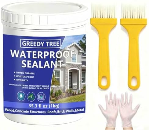 Clear Invisible Waterproof Sealant, Transparent Sturdy Roof Leak Repair Coating, No Trace Waterproof Paint for Wood Concrete Brick Metal, Includes 2 Brushes & Gloves