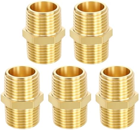 METALLIXITY 5PCS 1/2" MNPT x 1/2" MNPT Thread Brass Hex Nipple Adapter | Male Straight Extension Adapters, Brass Pipe Fittings for Water Line, Tub Spout/Shower Head