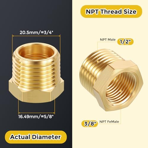 METALLIXITY 2PCS 1/2" MNPT x 3/8" FNPT Thread Brass Hex Bushing Extension | Brass Pipe Fittings, Tube Adapters Convert with Sealing Tape for Water Line, Tub Spout/Shower Head