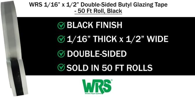WRS 1/16" x 1/2" Double Sided Butyl Tape, 50 Ft, Black, for Windows & Doors | Creates a Waterproof, Mess Free Seal for Glass, RVs, Skylights, Roofing Joints & Flashing; Rubber Adhesive; Sold Individually