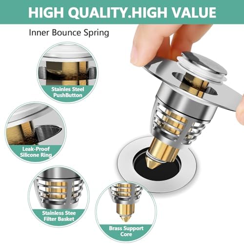 (4-Pack) Universal Bathroom Sink Stopper with Anti-Clog Basket Filter, Fit for 1.1"-1.6" Drain Holes, Sink Pop Up Stopper, Washbasin Drain Stopper, Tool-Free Installation