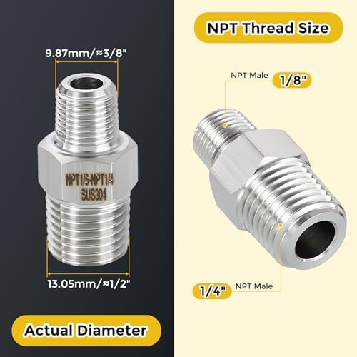 METALLIXITY 1PCS 1/4" MNPT x 1/8" MNPT Thread SUS304 Hex Nipple Adapter | Male Straight Extension Adapters, 304 Stainless Steel Pipe Fittings for Water Line, Tub Spout/Shower Head