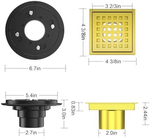 Shower Drain Brushed Gold 4-3/8 Inch, Square Floor Drain, Stainless Steel Bathroom Drain Kit with ABS Flange, Removable Grid Cover, Hair Strainer