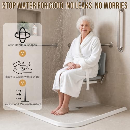 138in Shower Threshold Water Dam - Self-Adhesive Silicone Water Barrier for Wet/Dry Separation, Collapsible Seal Strip for Walk-In Showers, Bathtubs, Kitchen Sinks, Wheelchair Accessible Ramp Design