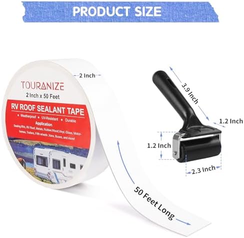 RV Roof Tape with Rubber Roller, 2 Inch x 50 Feet RV Sealant Tape for Camper Roof Repair, Boat Sealing, Trailer Roofing Seam Leaks, UV Resistant, Waterproof, White