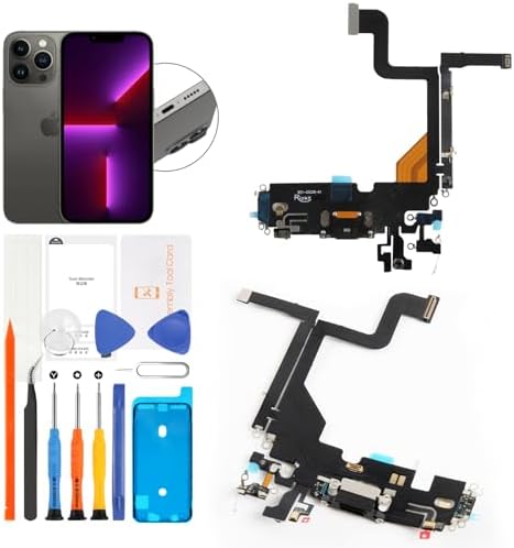 for iPhone 13 Pro Lightning Charging Port Replacement USB Dock Connector Flex Cable Assembly Includes Waterproof Tape & Tool Kit for A2638 A2483 A2636 A2639 A2640 (Graphite Black)