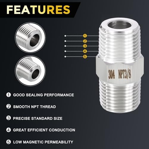 METALLIXITY 4PCS 3/8" MNPT x 3/8" MNPT Thread SUS304 Hex Nipple Adapter | Male Straight Extension Adapters, 304 Stainless Steel Pipe Fittings for Water Line, Tub Spout/Shower Head