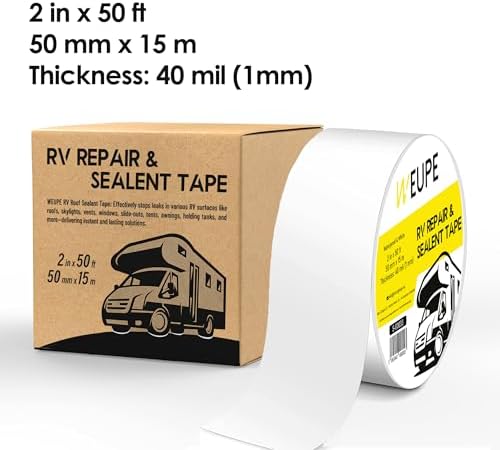 RV Sealant Tape, White, 2 Inch x 50 Feet, Roof Patch Repair Tape, Roofing Tape for RV, Waterproof Leak Tape for RV puncture, Boat Sealing, Awning, Canopy, Tents, Camper, Greenhouse and Tarpaulin