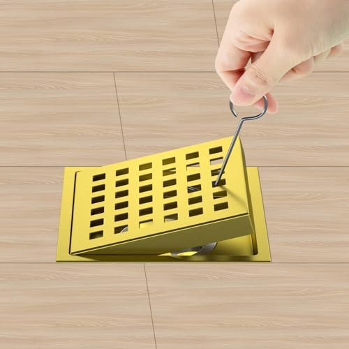 Shower Drain Brushed Gold 4-3/8 Inch, Square Floor Drain, Stainless Steel Bathroom Drain Kit with ABS Flange, Removable Grid Cover, Hair Strainer