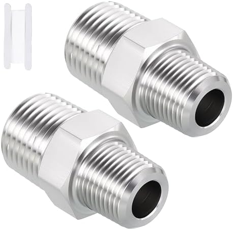 Pack of 2, 1/2" Male NPT to 3/8" Male NPT SUS304 Hex Nipple | Solid Male Pipe Adapter Hose Connectors with Sealing Tape for Pipe Repair, Bathroom Remodel, Tool Extensions, Compression