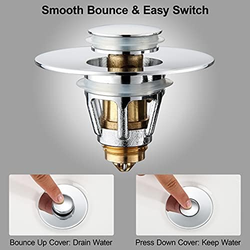Universal Bathroom Sink Stopper - Stainless Steel Bounce Drain Filter, Pop Up Drain Stopper, Bullet Core Push Type Sink Stopper for Wash Basin, Sink Drain Plug with Anti-Clogging Strainer, Chrome