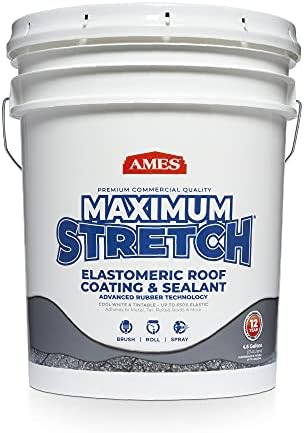 Ames Maximum Stretch - Waterproof Sealant Membrane - Perfect For Roofing, Repairs, Concrete, EPDM & Wood - Liquid Rubber Sealer - Up To 650% Elastic - Made in USA, White, 4.6 Gallon (Pack of 1)