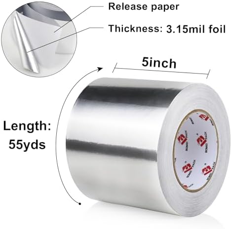 BOMEI PACK Aluminum Foil Tape,Heavy Duty Metal Duct Tape,High Temperature Silver Tape,Perfect for Sealing & Patching,HVAC,Air Ducts,Insulation and Metal Repair (5 Inch x 55 Yards)