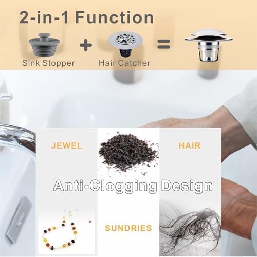WELLUP Bathroom Sink Stopper,Sink Drain Stopper Pop Up Strainer Silver