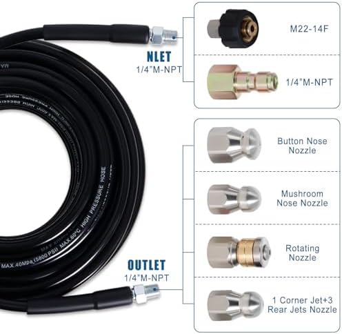 200FT Sewer Jetter Kit for Pressure Washer 5800PSI Drain Cleaner