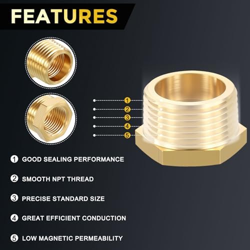 METALLIXITY 2PCS 1" MNPT x 3/8" FNPT Thread Brass Hex Bushing Extension | Brass Pipe Fittings, Tube Adapters Convert for Water Line, Tub Spout/Shower Head