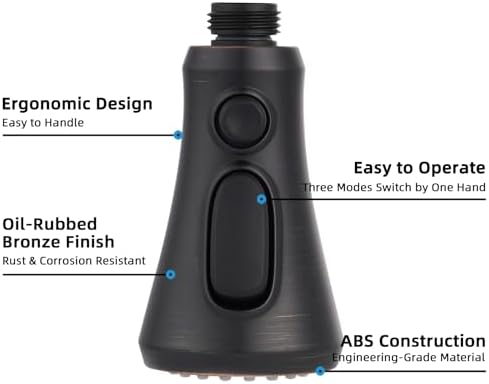Hibbent Pull Down Kitchen Faucet Head Replacement, NSF/ANSI/CAN 61 & CUPC Certified 3-Function Sink Spray Nozzle with 15 Adapters Compatible with Moen, Delta, Kohler Faucets - Oil-Rubbed Bronze