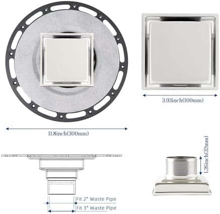 4-Inch Square Shower Drain Kit, Tile Insert Grate & Bonding Flange