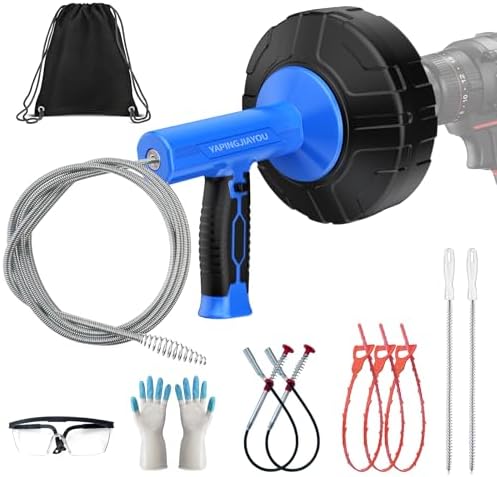 33-Feet Drain Snake Auger Kit, Plumbing snake, Manual or Electric drain snake with Auto-Retract/Feed, for Kitchen, Bathroom, Shower, and Floor Drain sauger，Include Gloves Storage Bag etc (Blue)