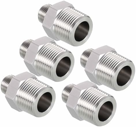 Pack of 5, 1/2" Male NPT To 3/8" Male NPT SUS304 Hex Nipple | Solid Male Pipe Adapter Hose Connectors for Pipe Repair, Bathroom Remodel, Tool Extensions, Compression, Irrigation