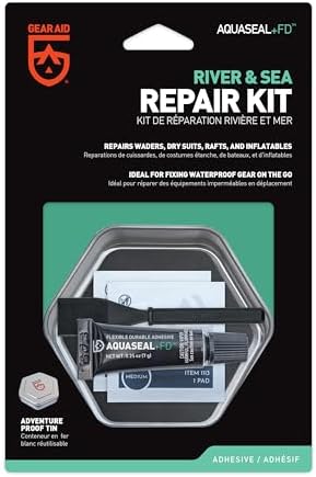 GEAR AID Aquaseal FD River & Sea Repair Kit – Waterproof 0.25 oz Adhesive with Four Tenacious Tape Hex Patches (2.5", Black and Clear) for Fixing Holes in Waders, Boots, Inflatables, and Outdoor Gear