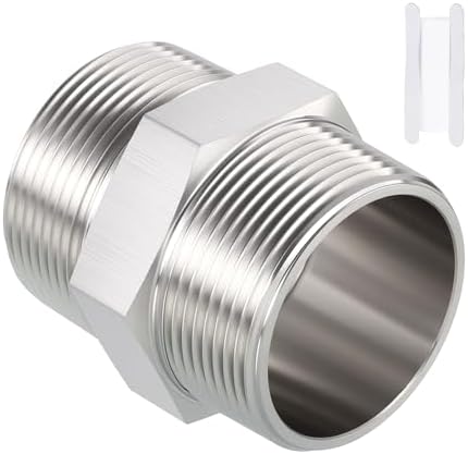 1 1/2" Male NPT to 1 1/2" Male NPT SUS304 Hex Nipple | Solid Male Pipe Adapter Hose Connectors with Sealing Tape for Pipe Repair, Bathroom Remodel, Tool Extensions, Compression