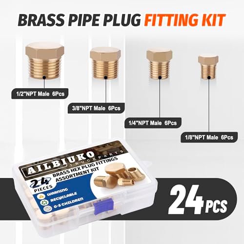 24PCS Brass Hex Pipe Plug Fittings,1/8" 1/4" 3/8" 1/2" NPT Male