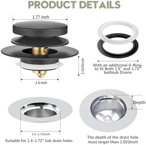 Universal Bathtub Stopper, Pop Up Bath Tub Drain Stoppers, EZ Install Bathtub Drain Replacement Trim Kit, Replaces Lift and Turn, Tip-Toe and Trip Lever Drains for Tub(Black)