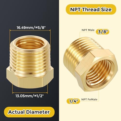 METALLIXITY 3PCS 3/8" MNPT x 1/4" FNPT Thread Brass Hex Bushing Extension | Brass Pipe Fittings, Tube Adapters Convert with Sealing Tape for Water Line, Tub Spout/Shower Head