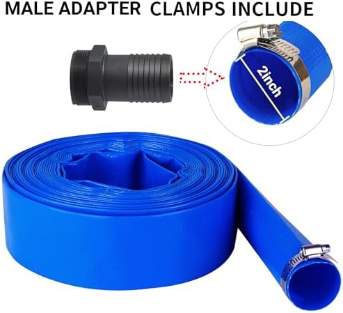 2" (Flat 3.4’’ width) x 100 FT Pool Backwash Hose Kit with Male NPT Adapter | Blue Reinforced Pool Drain Discharge Hose for Swimming Pool Filter Pump,with 2 Clamp and Thread Seal Tape