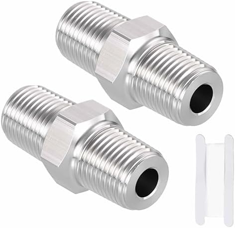 Pack of 2, 1/8" Male NPT To 1/8" Male NPT SUS304 Hex Nipple | Solid Male Pipe Adapter Hose Connectors with Sealing Tape for Pipe Repair, Bathroom Remodel, Tool Extensions, Compression