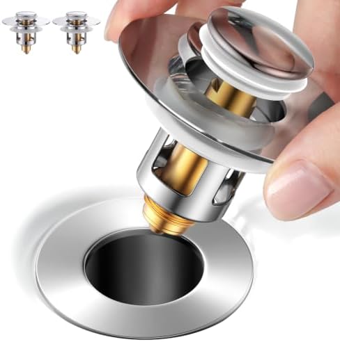 (2 Pc) 1s Installation - All Metal Bathroom Sink Stopper Fit 99% - 3 in 1 Universal Pop Up Stopper with Removable Stainless Steel Filter Basket Hair Catcher - Sink Stopper (Fast Drain Chrome 2 pc)