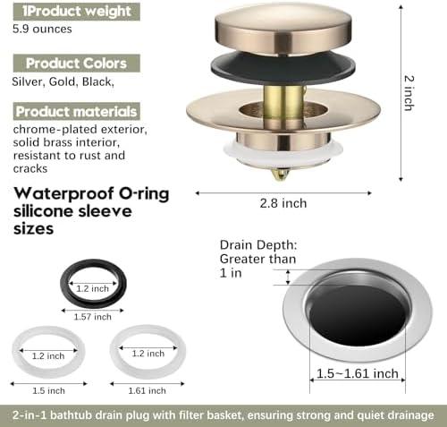 Universal Bathtub Stopper, Pop Up Bath Tub Drain Stoppers, EZ Install Bathtub Drain Replacement Trim Kit, Replaces Lift and Turn, Tip-Toe and Trip Lever Drains for Tub((Brushed Nickel)