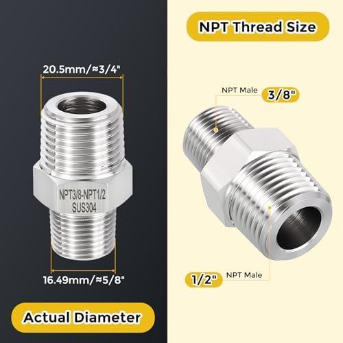 METALLIXITY 2PCS 1/2" MNPT x 3/8" MNPT Thread SUS304 Hex Nipple Adapter | Male Straight Extension Adapters, 304 Stainless Steel Pipe Fittings for Water Line, Tub Spout/Shower Head
