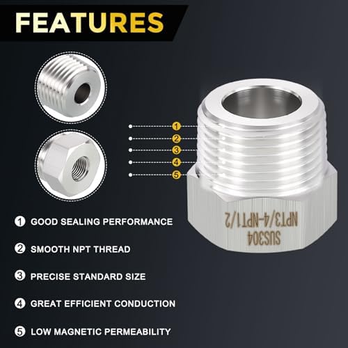 METALLIXITY 1PCS 3/4" MNPT x 1/2" FNPT Thread SUS304 Hex Bushing Extension | 304 Stainless Steel Pipe Fittings, Tube Adapters Convert for Water Line, Tub Spout/Shower Head