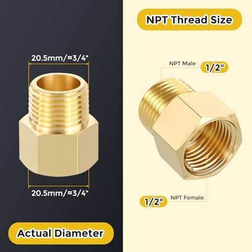 METALLIXITY 2PCS 1/2" FNPT x 1/2" MNPT Thread Brass Hex Extension Adapters | Brass Pipe Fittings, Female to Male Adapters for Water Line, Tub Spout/Shower Head
