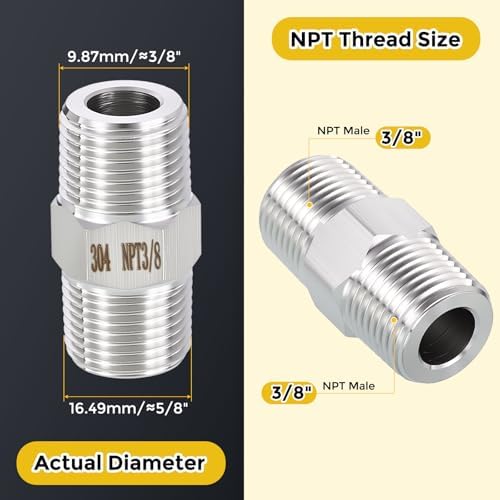 METALLIXITY 4PCS 3/8" MNPT x 3/8" MNPT Thread SUS304 Hex Nipple Adapter | Male Straight Extension Adapters, 304 Stainless Steel Pipe Fittings for Water Line, Tub Spout/Shower Head