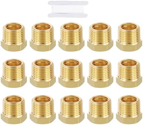 METALLIXITY 15PCS 3/8" MNPT x 1/4" FNPT Thread Brass Hex Bushing Extension | Brass Pipe Fittings, Tube Adapters Convert with Sealing Tape for Water Line, Tub Spout/Shower Head