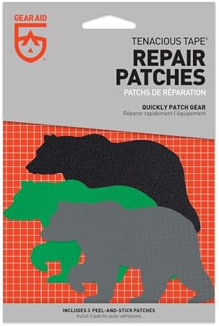 GEAR AID Tenacious Tape Repair Patches – Peel-and-Stick Nylon Gear Patches for Jackets, Tents, Sleeping Bags, Backpacks, and Outdoor Gear – Fix Rips, Tears, and Holes, 3 Patches, Bear