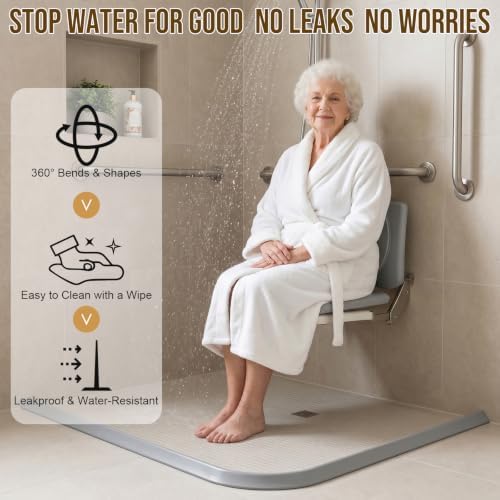 39in Shower Threshold Water Dam, Self-Adhesive Silicone Water Barrier for Wet/Dry Separation, Collapsible Seal Strip for Walk-In Showers, Bathtubs, Kitchen Sinks, Wheelchair Accessible Ramp Design
