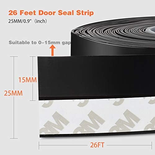 26 Feet Silicone Seal Strip,Door Weather Stripping Door Seal Strip Window Seal Silicone Sealing Tape for Door Draft Stopper Adhesive Tape (Black, 25mm)